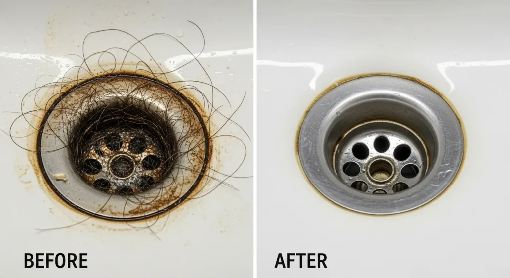 Professional drain cleaning in Moreno Valley CA - before and after hair clog removal from bathroom sink drain